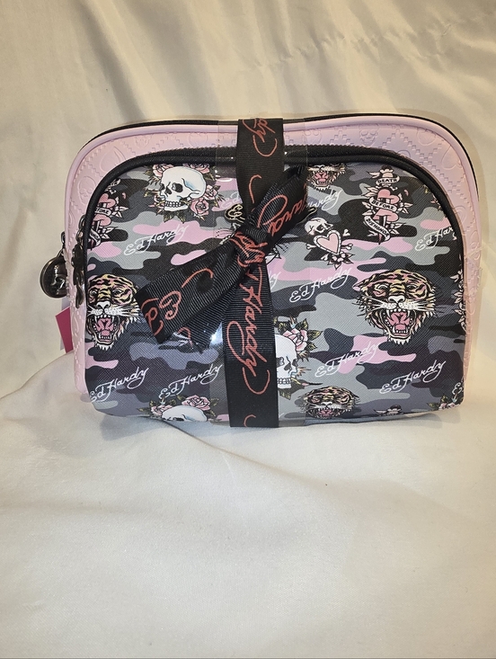 Ed Hardy Handbags - Ed Hardy Pink & Black Camo Cosmetic Pouch with Tiger Motifs 2 Piece